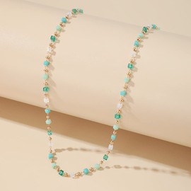 JWICOS Dainty Beaded Choker Necklace for Women and Girls Boho Emerald Cubic Beaded Necklace for Summer Beach