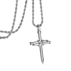 murtoo Men's Stainless Steel Cross Necklace for Men, Twisted Chain with Silver Nail Cross Pendant, Men's Gift for Men, Husband, Boyfriend, 50 cm, Stainless Steel