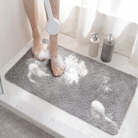 HITSLAM Shower mat Non Slip, 60 x 40 CM Non Slip Bath Mat with Drain, Soft PVC Loofah Shower Bath Mat for Tub, Quick Drying Shower Mat for Bathroom, Grey