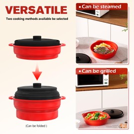 2-in-1 Microwave Steamer & Baking Cooker Collapsible Silicone Bowl with Lid - 4 Pcs Steamer Grill Cookware for Vegetables Fish Prep Meal Food with Removable Rack BPA Free, Dishwasher Safe