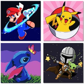 KOJEFCV 4 Pack Cartoon Paint by Number for Kids-Paint by Numbers for Kids Ages 4-8-12,DIY Paint with Numbers Easy Acrylic Oil Painting Kits for Home Wall Decor(8X8inch)