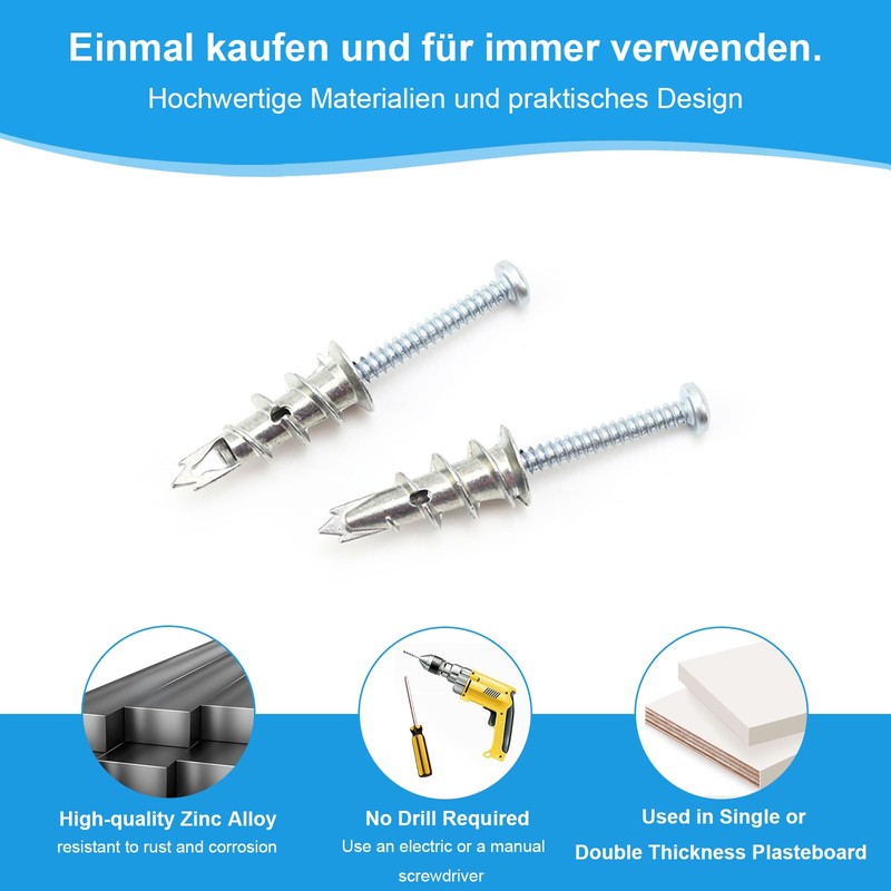Cavity Dowels Set, 20 Pieces Self-Drilling Plasterboard Dowels Metal, Drywall