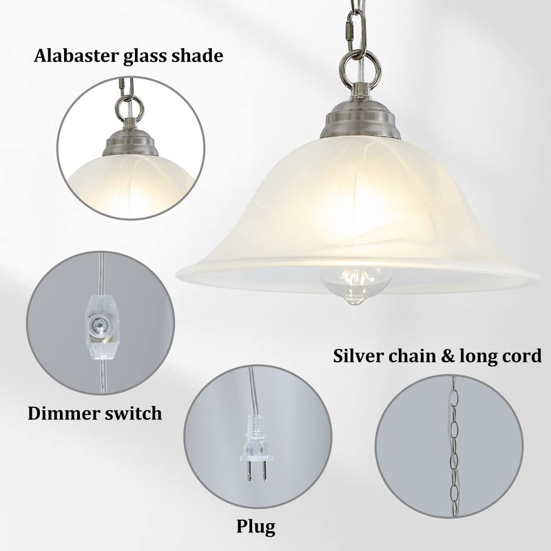 SHENGQINGTOP Plug in Pendant Light Alabaster Glass Shade Hanging Lamp