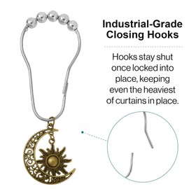 Wasise Shower Curtain Clips - 12PCS Sun Moon Star Shower Curtain Hooks, Metal Rings with Celestial Designs, Easy Glide Roller Balls Bath Rings for Window Bathroom Accessories, Clip Hooks for Curtains