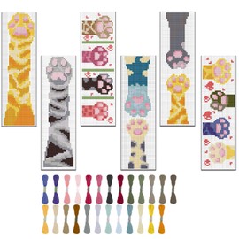 FREEBLOSS 6 Set Embroidery Bookmarks Cute Cat Paws Patterned Cross Stitch Bookmark Kit with Instruction Embroidery Kit for Adults Beginners 8''x2.4''