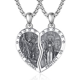 ADMETUS St Michael Pendant Sterling Silver Miraculous Medal Virgin Mary Necklace Jewelry Heart Couple Necklaces Matching Religious Gifts for Him and Her