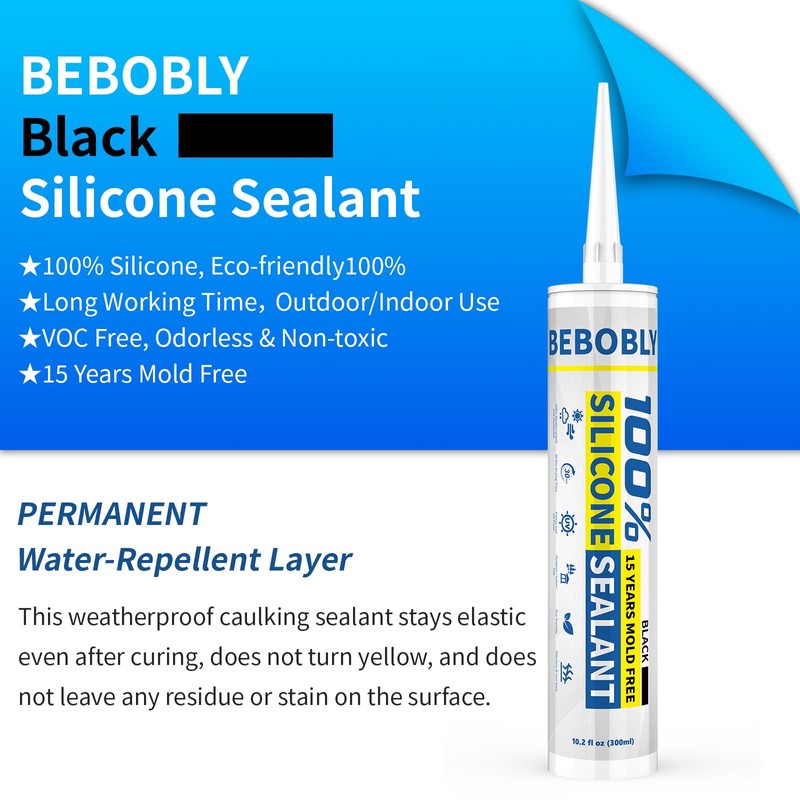 BEBOBLY Black Silicone Caulk & Sealant, 100% Waterproof Silicone Caulking,