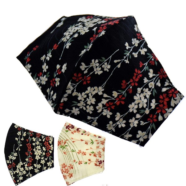 Angel's Closet Water Flower, Made in Japan, Washable, 3D Design, Easy to Breathe, Fashionable, Japanese Pattern, Floral Pattern, Cloth Mask, Black, Small, Women's, Large Size, Men's, Kids, Adult, Matching, Super Comfortable, Individual Packaging, Liquid Flower (L Black)