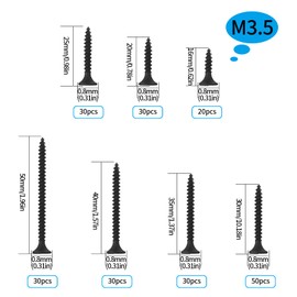 Pack of 220 Self-Tapping Wood Screws, M3.5 Black Flat Cross Head Tapping Screws, Drywall Machine Screws Assortment Kit for Drywall, Furniture, Wood Screws - 16/20/25/30/35/40/50 mm