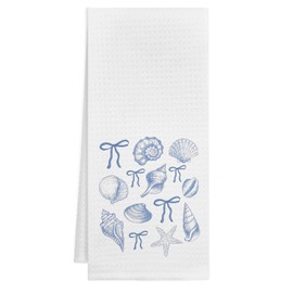 VIIJJUE Coquette Blue Bow Seashell Beach Kitchen Towels, Preppy Blue Beach Hand Towels for Bathroom, Coastal Nautical Beachy Decorative Dish Tea Towels for Kitchen, 16x24 Inch