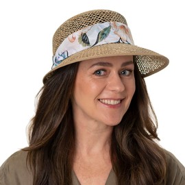 Lipodo Flower Band Seagrass Schute Women's One Size 55-57 cm - Straw Hat Made in Italy - 100% Straw - Hat with Flower Decorative Ribbon - Spring/Summer, Natural blue
