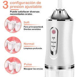 Irrigador Bucal, Limpieza Dental Portatil, 3 Modos de Limpieza y 8 Puntas, IPX7 impermeable, Limpiador Dental Recargable, Ideal para Viajar y para Uso Doméstico (Blanco)