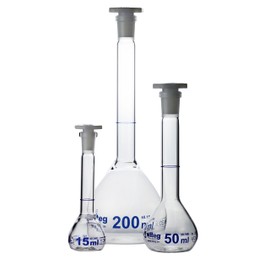 Volumetric Flask 20 ml NS12/21 Class A (ISO 1042, DE-M) Blue Graduated with Standard Grinding, PE Plug and Certificate of Conformity, Made from Duran Tube, Complete Packaging Unit