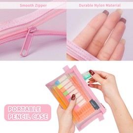 Toplive 4pcs Pencil Case Set, Bulk Clear Exam Pencil Pouch, Nylon Mesh Zipper Pen Case Bag, Makeup Bag for Women, Portable Office School Stationery Storage Pouch for Students, Black Grey Pink Blue