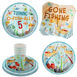 Fishing Party Supplies - Boys 5th Birthday Party Supplies - Little Fisherman Tableware Set Includes Large Plates Napkins Cups - Kit for 16 (O-Fish-ally Five, 64 Piece)