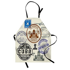 Lunarable Havana Apron, Travel Concept Passport Stamp Design of Cuban Cities and Landmarks, Unisex Kitchen Bib with Adjustable Neck for Cooking Gardening, Adult Size, Cobalt Blue