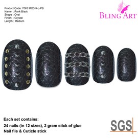 Bling Art Oval False Nails Fake Acrylic Punk Black 24 Medium Tips with Glue