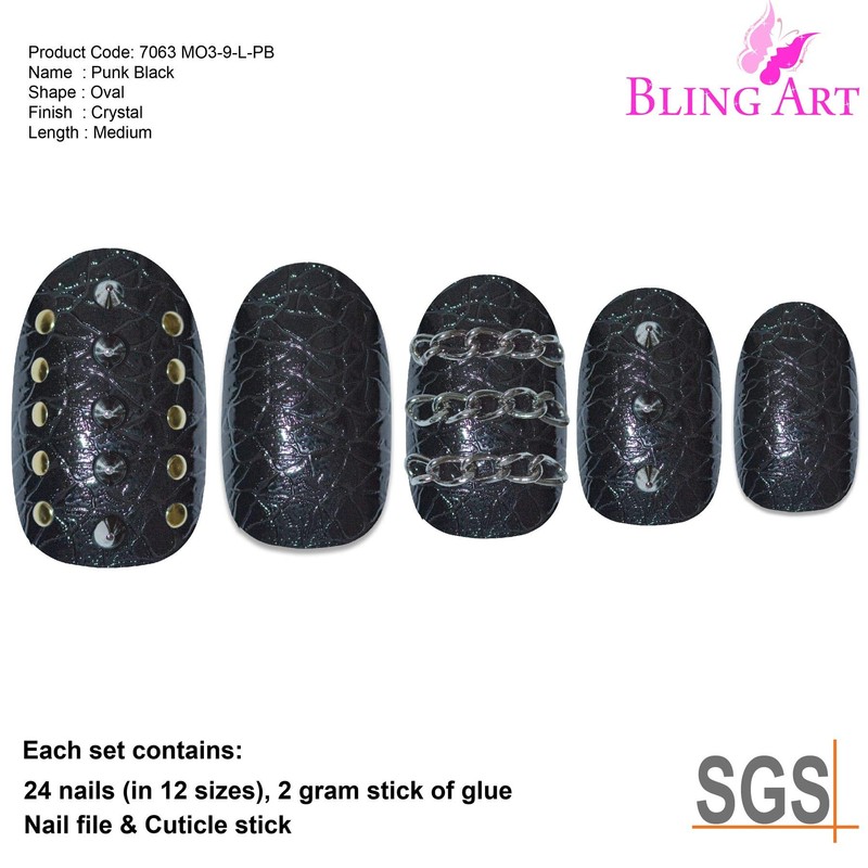 Bling Art Oval False Nails Fake Acrylic Punk Black 24