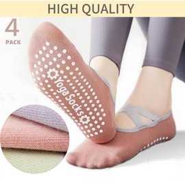 4 Pairs Pilates Grip Socks for Women,Short Non-Slip Yoga Socks with X-Cross,Cotton Womens Ankle Socks Ideal for Pilates, Dance,Ballet, Home Workout-One Size