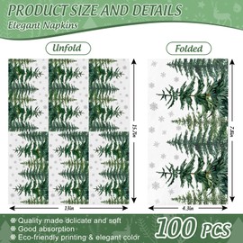 JarThenaAMCS 100Pcs Christmas Guest Napkins Horizontal Disposable Paper Napkins Watercolor Pine Forest Snowflake Dinner Hand Napkins For Xmas Winter Party Supplies