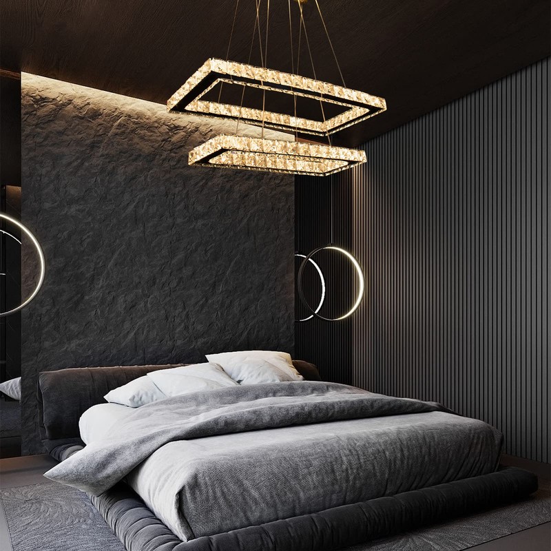 Dimmable Crystal Chandelier, Modern Rectangular 2 Ring LED Pendant Light