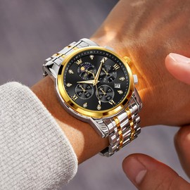 OLEVS Watches for Men Luxury Dress Moon Phase Analog Casual Watch Male Classic Business Stainsteel Steel Waterproof Luminous Calendar Wrist Watch Black