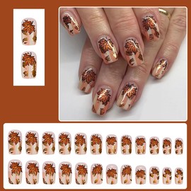 24Pcs Maple Leaf Press on Nails Short Square Fake Nails White Orange Stripes with Sparkling Gold Foil Design Autumn Glue on Nails Glossy Artificial False Nails for Women Decor Nails Supplies
