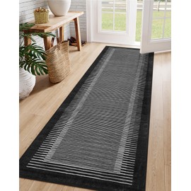 Wonnitar Washable Striped Runner Rug 2'6"x8' Hallway Runner, Non-Slip Black Kitchen Runner Rug, Low Pile Minimalist Soft Floor Carpet Runner for Bedroom Hallway Bathroom (Black,2'6" x 8')