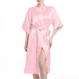 Xuepelit Kimono Dressing Gowns Satin Kimono Robe Silk Dressing Gown for Women UK Long Silk Bride and Bridesmaid Robes, Pink l