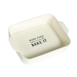 Creative Co-Op Stoneware Baker with Good Food Comes To Those Who Bake It, White