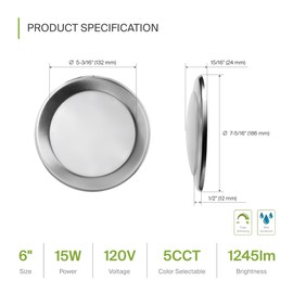 ASD 6 Pack LED Disk Lights 6 Inch, 15W 5CCT 2700K-5000K 1245LM CRI90+, Dimmable Flush Mount Ceiling Light Fixture, Low Profile Surface Mount Disc, Junction Box or Recessed Can Install, UL Energy Star