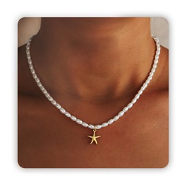 Sereney Starfish Necklace for Women with Gold Seashell Charm Pearl Necklace for Her, Dainty Summer Beach Necklace as Seashell Jewelry for Daughter Friend Sister Bridal Jewelry
