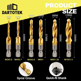 DARTOTEK 6 Pieces Metric Tap Drill Bit Titanium Coated Tap Tool for Drilling, Tapping, Countersink