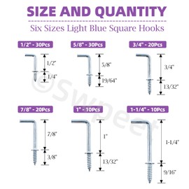 Swpeet 120Pcs 6 Sizes Blue White Metal Screw-in Square Bend Hooks Kit, Square Bend Hooks L Shaped Self-Tapping Screws Hooks L Type Photo Frame Right Angle Hook for Home/Workplace/Office Hanging