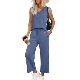 WIHOLL Summer Outfits for Women 2 Piece Set Wide Leg Pants Matching Sets Women Clothing Business Casual Travel Outfits Blue L
