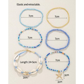 LEEQ Boho Style Anklet with Shells Starfish Gold - Ankle Bracelets, Layered and Interwoven, Weaved, Shells, Gold, Beads, Beach Foot Jewellery for Women Girls (6 Pieces), Metal