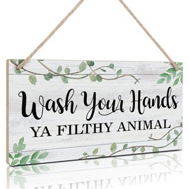 TOARTi Bathroom Sign,Wash Your Hands Ya Filthy Animal Wall Decor,Funny Bathroom Wooden Hanging Wall Art, Green Plant Wood Plaques For Toilet Washroom Decor Home Gift(6''x 11'',Ready to Hang)