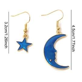 Honbay Enamel Moon Star Earth Planet Asymmetrical Earrings Chic Long Pendant Dangle Earrings (B)