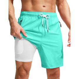Viodia Men's Swim Trunks with Compression Liner Quick Dry Board Shorts Swimsuit Swimwear for Men with Zipper Pockets Cyan