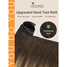 DOORES Weft Remy Human Hair Extensions Handtied, 24 Inch Balayage Chocolate Brown to Caramel Blonde 60g, Human Hair Extensions Sew in