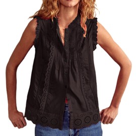 Women Cute Cutout Eyelet Tank Top Fairy Cottagecore Sleeveless Scallop Trim Pleated Peplum Camisole Sheer Going Out Top Black