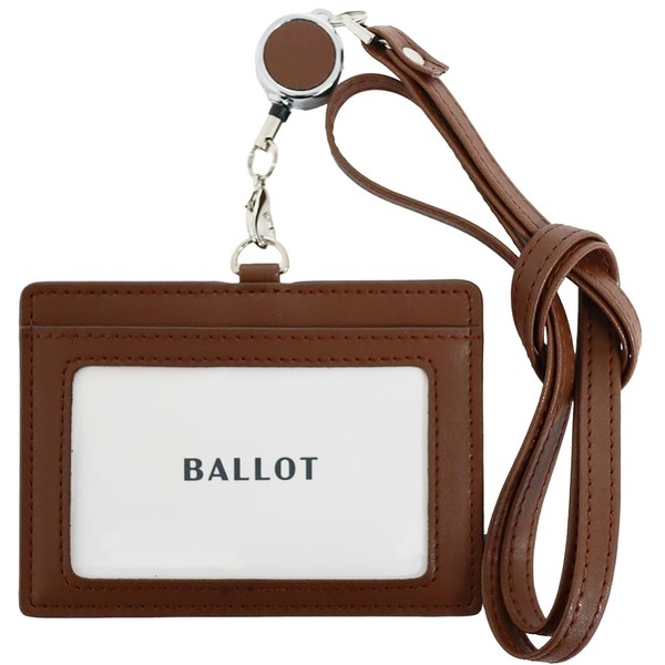 BALLOT Genuine Leather ID Card Holder Name Holder Horizontal Pass Case Neck Strap with Elastic Reel, Braun