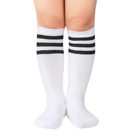 Zando Kids Child Cotton Three Stripes Sport Soccer Team Socks Uniform Tube Cute Knee High Stocking for Boys Girls 1 Pairs White Black One Size