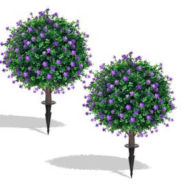 Artificial Purple Flower Boxwood Topiary Ball Trees,2 Set of 16'' UV Resistant Fake Evergreen Shrubs Bushes Plants with Ground Spike, Fake Plants for Outdoor Indoor Front Porch Garden