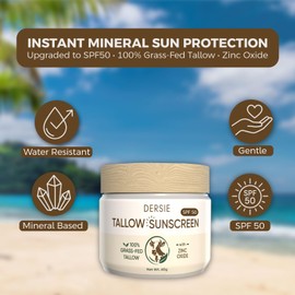 Tallow Sunscreen with Zinc Oxide for Face & Body: SPF 50 Mineral Sunblock with Grass-Fed Tallow - Water-Resistant Non-Toxic Non-Greasy Moisturizing Protection for Sensitive & Dry Skin, Adults & Kids