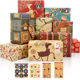Christmas Wrapping Paper, 12 Sheets Christmas Paper Set with Stickers and Gift Tags, Kraft Paper, Recycled Christmas Wrapping Paper for Children and Adults, 50 x 70 cm