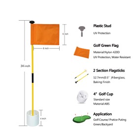 X·CELLENT Mini Golf Putting Green Flag and Hole Cup for Yard Practice Set, Golf Pin Flag Hole Cup Set, Portable 2-Section Fiberglass Golf Flag Sticks, Gifts Idea (2Pack-Orange & White Flags)