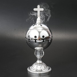 Nazareth Store Silver Charcoal Incense Burner Catholic Cross Censer Brass Plated Distiller for Church and Home