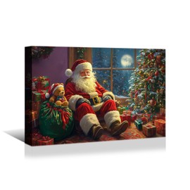 YONICA Christmas Canvas wall art, Santa Claus preparing gifts, Christmas Decor Artwork Print on Canvas, Christmas Theme for Living Room Home wall Decor 24x18 Inches