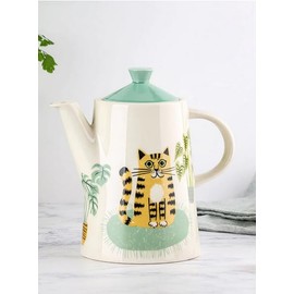 Hannah Turner - Handmade Ceramic Teapot with Cat Motif (Without Strainer) - 1 Litre Teapot 4" White DAM6258